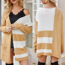 Fashion Contrast Color Long Sleeve Loose Knit Thin Cardigan