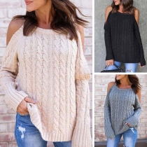 Sexy Off-shoulder Long Sleeve Round Neck Solid Color Sweater