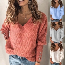 Fashion Solid Color Long Sleeve V-neck Loose Knit Top