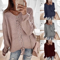 Fashion Solid Color Long Sleeve V-neck Lace-up Sweater