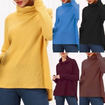 Fashion Solid Color Long Sleeve Turtleneck High-low Hem Knit Top