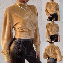 Fashion Solid Color Long Sleeve Mock Neck Plush Crop Top