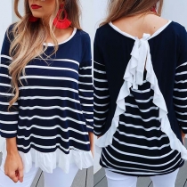 Fashion Long Sleeve Round Neck Ruffle Spliced Striped T-shirt