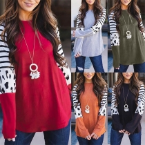 Fashion Striped Leopard Spliced Long Sleeve Round Neck T-shirt