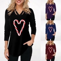 Fashion Heart Printed Long Sleeve V-neck T-shirt