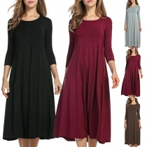 Elegant Solid Color 3/4 Sleeve Round Neck Dress