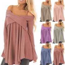 Sexy Off-shoulder Long Sleeve Irregular Hem Crossover Sling Knit Top