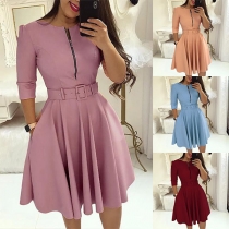 Elegant Solid Color 3/4 Sleeve Round Neck High Waist Dress