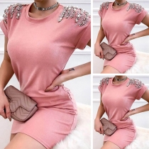 Fashion Solid Color Short Sleeve Round Neck Beaded T-shirt Dress