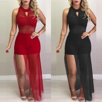 Sexy Gauze Spliced Hem Sleeveless Round Neck Slim Fit Romper