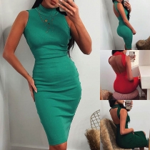 Sexy Backless Sleeveless Mock Neck Solid Color Slim Fit Dress(It runs small)