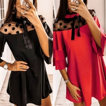 Sexy Dots Gauze Spliced Trumpet Sleeve Stand Collar Dress