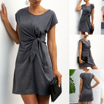 Fashion Solid Color Short Sleeve Round Neck Knotted Dress