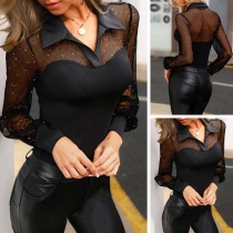 Sexy Bling-bling See-through Gauze Spliced Long Sleeve V-neck Slim Fit Top