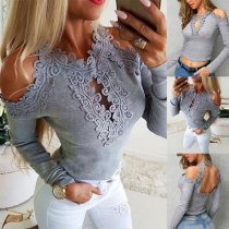 Sexy Backless Off-shoulder Long Sleeve Round Neck Lace Spliced Top