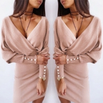 Sexy V-neck Dolman Sleeve Solid Color Slim Fit Dress