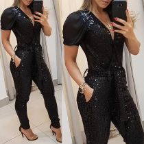 Sexy V-neck Short Sleeve High Waist Sequin Jumpsuit(It runs small)
