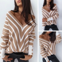 Sexy V-neck Long Sleeve Striped Knit Top