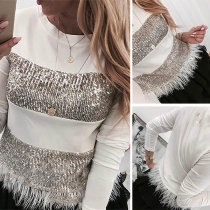 Fashion Sequin Feather Spliced Long Sleeve Round Neck T-shirt