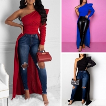 Sexy One-shoulder Long Sleeve High-low Hem Solid Color Top