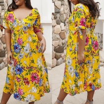 Bohemian Style Short Sleeve V-neck Plus-size Printed Dress