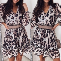 Sexy V-neck Long Sleeve Ruffle Hem Elastic Waist Leopard Printed Dress