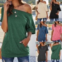 Sexy Oblique Shoulder Short Sleeve Solid Color T-shirt