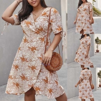 Fashion Short Sleeve V-neck Irregular Hem Printed Dress