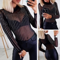 Sexy Long Sleeve Round Neck Rhinestone Spliced See-through Top