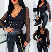 Sexy Gauze Spliced Long Sleeve V-neck Beaded T-shirt