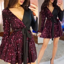 Sexy V-neck Long Sleeve Sequin Spliced Dress