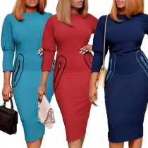 Elegant Solid Color Long Sleeve Round Neck Side-zipper Slim Fit Dress