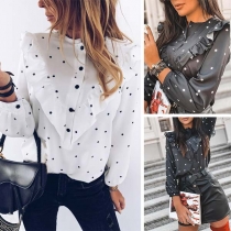 Sweet Style Long Sleeve Round Neck Dots Printed Ruffle Shirt