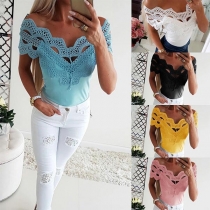Sexy Lace Spliced Boat Neck Solid Color Slim Fit Top