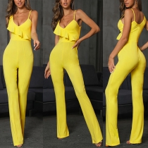 Sexy Backless V-neck High Waist Solid Color Sling Jumpsuit