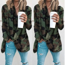 Chic Style Long Sleeve V-neck Irregular Hem Camouflage Printed Top