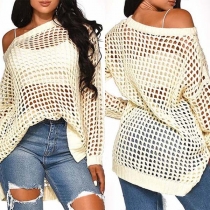 Sexy Oblique Shoulder Long Sleeve Hollow Out Knit Top