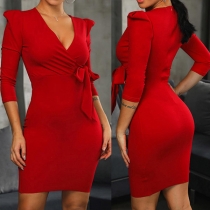 Sexy V-neck 3/4 Sleeve Lace-up Slim Fit Dress