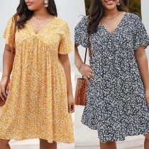 Sweet Style Short Sleeve V-neck Loose Printed Dress