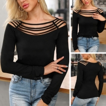 Sexy Hollow Out Boat Neck Long Sleeve Slim Fit T-shirt