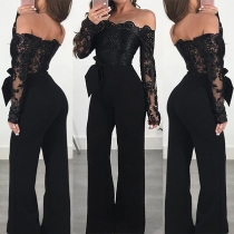 Sexy Off-shoulder Boat Neck Long Sleeve High Waist Lace Spliced Jumpsuit
