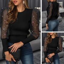 Sexy Gauze Spliced Puff Sleeve Round Neck Top