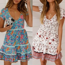 Bohemian Style Short Sleeve V-neck Printed Dress