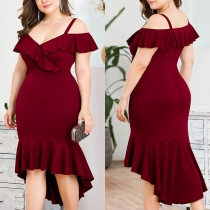 Sexy Off-shoulder V-neck High-low Fishtail Hem Ruffle Sling Dress