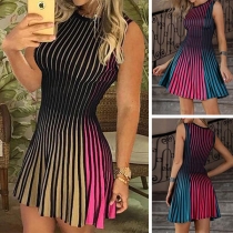 Fashion Sleeveless Round Neck High Waist Colorful Striped Dress