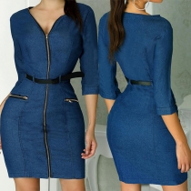Sexy V-neck 3/4 Sleeve Front-zipper Slim Fit Denim Dress