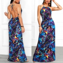 Sexy Backless High Waist Colorful Printed Halter Dress(The size runs large)