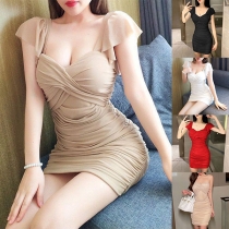 Sexy V-neck Sleeveless High Waist Solid Color Dress