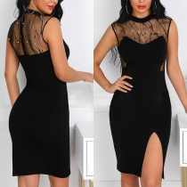 Sexy Gauze Spliced Sleeveless Round Neck Slit Hem Slim Fit Dress