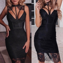 Sexy Hollow Out Lace Spliced Sleeveless Slim Fit Dress